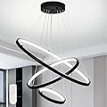 Mccokaige Black LED Ring Chandelier 3 Ring Dimmable Modern Pendant Light Adjustable Contemporary Light Fixtures for Kitchen Island Foyer High Ceiling Living Room