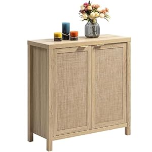 Sicotas rattan sideboard buffet cabinet boho large credenza kitchen storage cabinet with rattan storage wood coffee bar cabinet buffet console table for dining living room hallway natural  urban country home decor