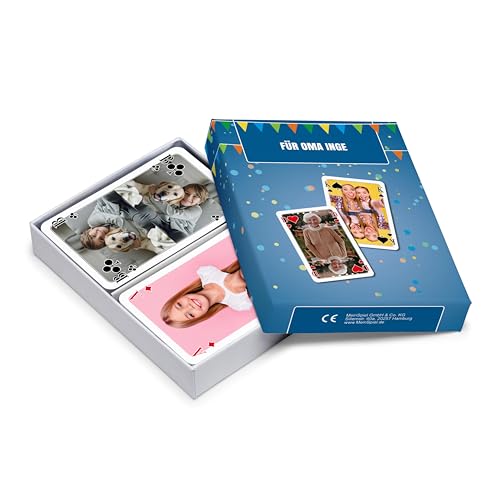 MEINSPIEL - Personalisiertes Rommé-Kartenspiel - Eigene Fotos auf Vorder- und Rückseiten - Anspruchsvolles Foto-Geschenk für Freunde und Erwachsene - 110 Spielkarten im französischen Design
