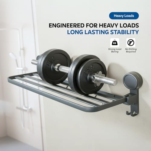 Image of Amazon Basics Suction Towel Rack for Bathroom, No Drill Wall Mounted Aluminum Towel Holder with Hooks, Self Adhesive Rustproof Bathroom Towel Hanger, Damage-Free Install