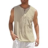 Soluo Men's Cotton Linen Tank Top Casual Lace Up Beach Hippie Sleeveless Tops Summer V-Neck Drawstring Stylish Shirts, Khaki, Medium