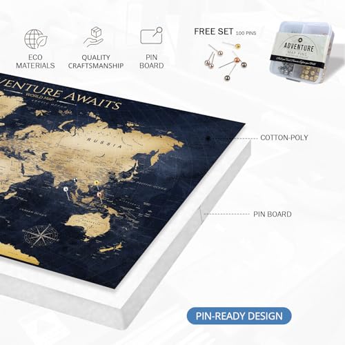 Image of IPIC - Personalized Framed World Map Painting for Wall Decor, Pinnable World Map to Mark Travels, Custom Artwork with Names, World Travel Map for Home, Office, Study, and RV, Ready to Hang
