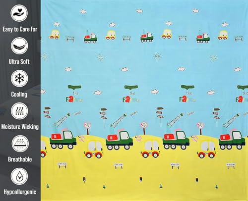 Image of Fitted Bedsheet for Single Bed with 1 Pillow Case, Kids 72 x 48 x 6 Inches Elastic Bed Sheets with Extra Deep Pocket for Thick Mattresses - Blue & Yellow Car Printed