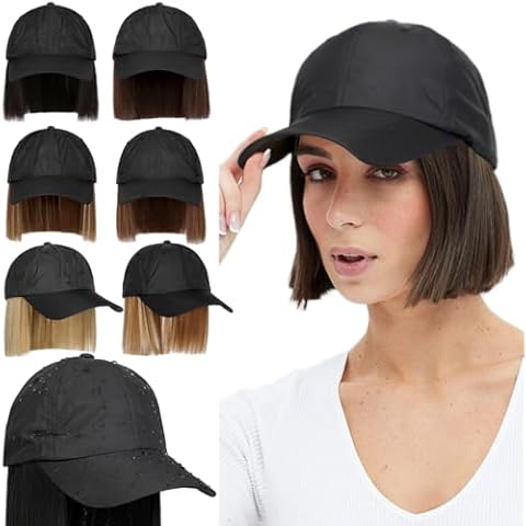 Qlenkay Waterproof Baseball Cap Attached 5" Straight Hair Extensions Adjustable Quick Dry Hat with Wig Short Bob Synthetic Hairpiece for Women Dark Brown Cover
