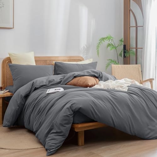 Image of BESTOUCH Cotton Solid Duvet Cover Set Quiet Shade Grey Alaska King | 100% Washed Cotton, Soft Wrinkle Texture, Hidden Zipper, 8 Ties, Breathable Lightweight Durable Comfy, 3 Pcs No Insert