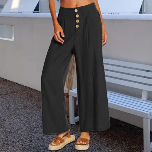 Summer Wide Leg Pants for Women Lightweight Breathable Cotton Linen Pant Stretchy Casual Trousers with Button Pockets2