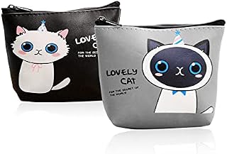 FuninCrea 2 Pieces Coin Purse, PU Leather Coin Wallet for Girls, Portable Coin Purses for Women with Zip, Cartoon Cat Pattern Coin Pouch for Credit Card, ID Card, Keys, Headset(cat, Black+Grey)