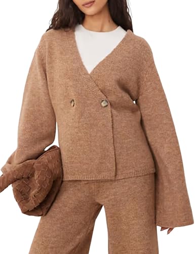 Yeokou Women Sweater Sets 2 Piece Button Down Cardigan Wide Leg Pants Outfits Long Sleeve Loungewear Sets Knit Co Ord Sets