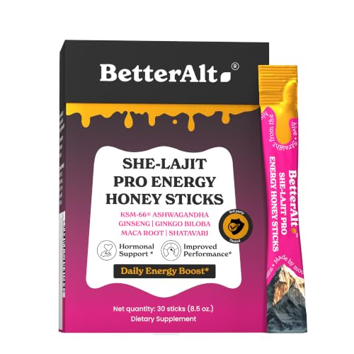Better Alt She-Lajit Pro Energy Honey Sticks | KSM-66 Ashwagandha, Ginseng, Ginkgo Biloba, Maca Root & Shatavari Blend | Daily Wellness Support | 30 Sticks