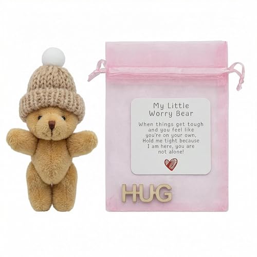 Copbopwn Worry Bear Pocket Bear Mini Plush Teddy Bears with Inspirational Card Pocket Sized Hug Present for Anxiety Relief Positive Good Luck Gifts for Friends Women Men for Christmas Birthday (Brown)
