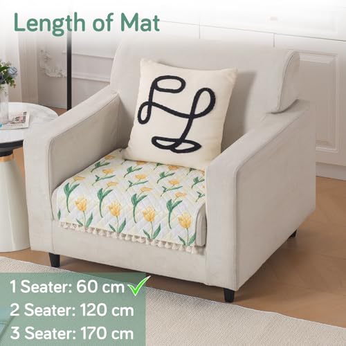 Image of HOKIPO Tulip Blossom Quilted Sofa Cover Mat with Tassels for 1 Seater 'Tassel Twigs' Series (IN-982-T4)