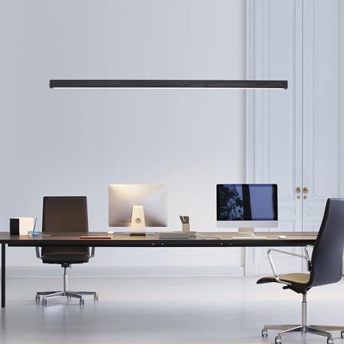 Image of 47 inch Black Linear Pendant Light Wooden Led Linear Pendant Light Fixtures Ceiling Hanging Dimmable Pendant Lights for Dining Room Kitchen Island Pool Table Lights Black Wood Finish