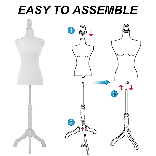 BLKMTY Female Mannequin Torso Dress Form Sewing Mannequin Manikin Body Height Adjustable Clothing Dress Model w/ Tripod Base Stand for Sewing Dressmakers Dress Jewelry Display 49-63 Inch, White