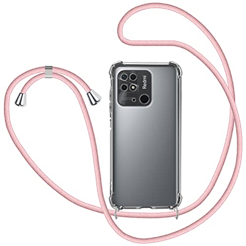 Collier pour Xiaomi Redmi 10C 4G Coque, Étui pour Téléphone avec Cordon Transparente TPU Bumper Lanyard Case Tour de Cou Chaîne Cordon Lanière Housse Etui - Or Rose Cover