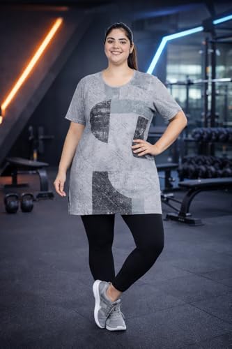 Image of RYSH Women's All-Over Printed Cotton Plus Size Longline T-Shirt with Pockets
