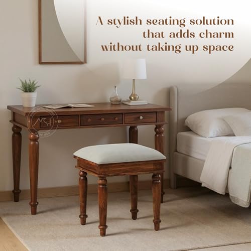 Image of NSH Sheesham Wood Square Top Seating Stool with Cushion | Elegant & Premium Handcrafted Side Table | Multipurpose Footrest, Portable Stool for Living, Bedroom & Lounge | Teak Finish, 1 Wooden Stool