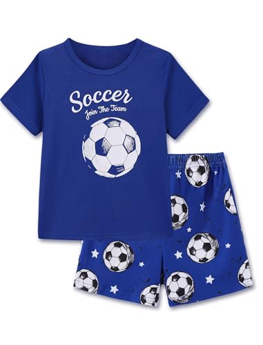 Mikrdoo Boys Pajamas Two-Piece Set with Crew Neck Stretch Soft for Play & Rest Blue Soccer 10 Years