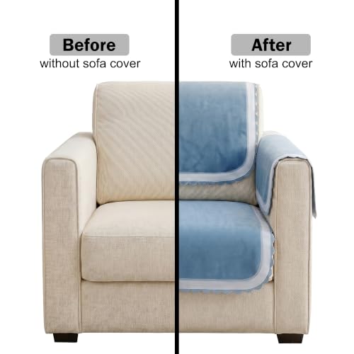 Image of Story@Home Sofa Mat Velvet Sofa Cover 1 Seater (152x61Cm) with Arm Rest Covers | Anti Slip Sofa Cover Velvet for Living Room | Measure Your Sofa & Create Your Own Custom Set - Ombre Shades of Blue