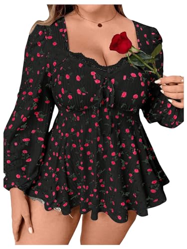 SOLY HUX Women's Plus Size T Shirt Floral Print Lace Trim Bishop Long Sleeve Ruffle Hem Tee Tops