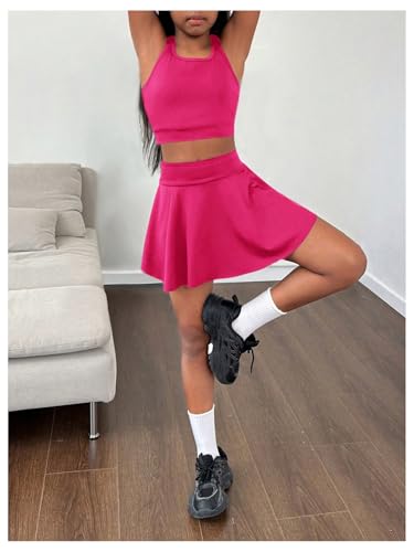 Girl's Workout Solid Color Tank and High Waisted Skorts Set Athletic Sports Running Skirt with Pockets4