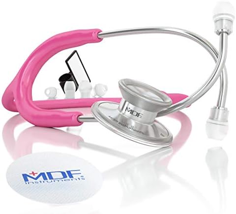 MDF Acoustica Lightweight Stethoscope for Doctors, Nurses, Students, Home Health Use, Adult, Dual Head, Fuchsia Tube, Silver Chestpiece-Headset, MDF747XP32