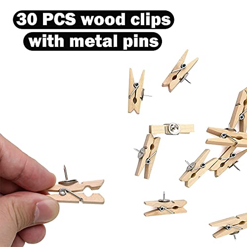 30PCS Push Pins with Wooden Clips - Multi-Function Thumbtacks with Clothespins Cork Board Clip Decorative Thumb Tack Pushpin for Bulletin Boards Artworks Notes Photos Craft Projects Home School Office