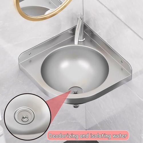 Wall-Mounted Corner Basin Sink, Triangular Stainless Steel Vanity, Space-Saving Floating Wash Basin for Small Bathrooms, Outdoor, Indoor, Garage Use,