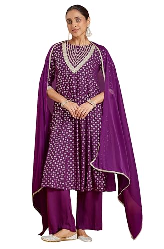 Kurta Anarkali femme violet doré Janasya tunique indienne longue