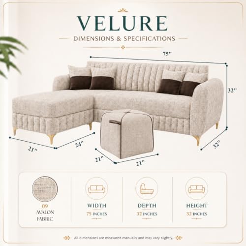 Image of CASASTYLE Signature Velour 4-Seater L-Shape Sofa Set with Movable Ottoman & Suri Pouf | Flexible LHS /RHS Layout | Boucle Weave Fabric | 40D Foam + Zigzag Spring | 3-Yr Warranty (Sandstone Beige)