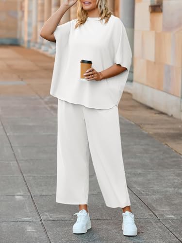 Image of Beautife Women's Plus Size 2 Piece Outfits 3 /4 Batwing Sleeve Capelet Crew Neck Pullover Top Wide Leg Pants Lounge Set
