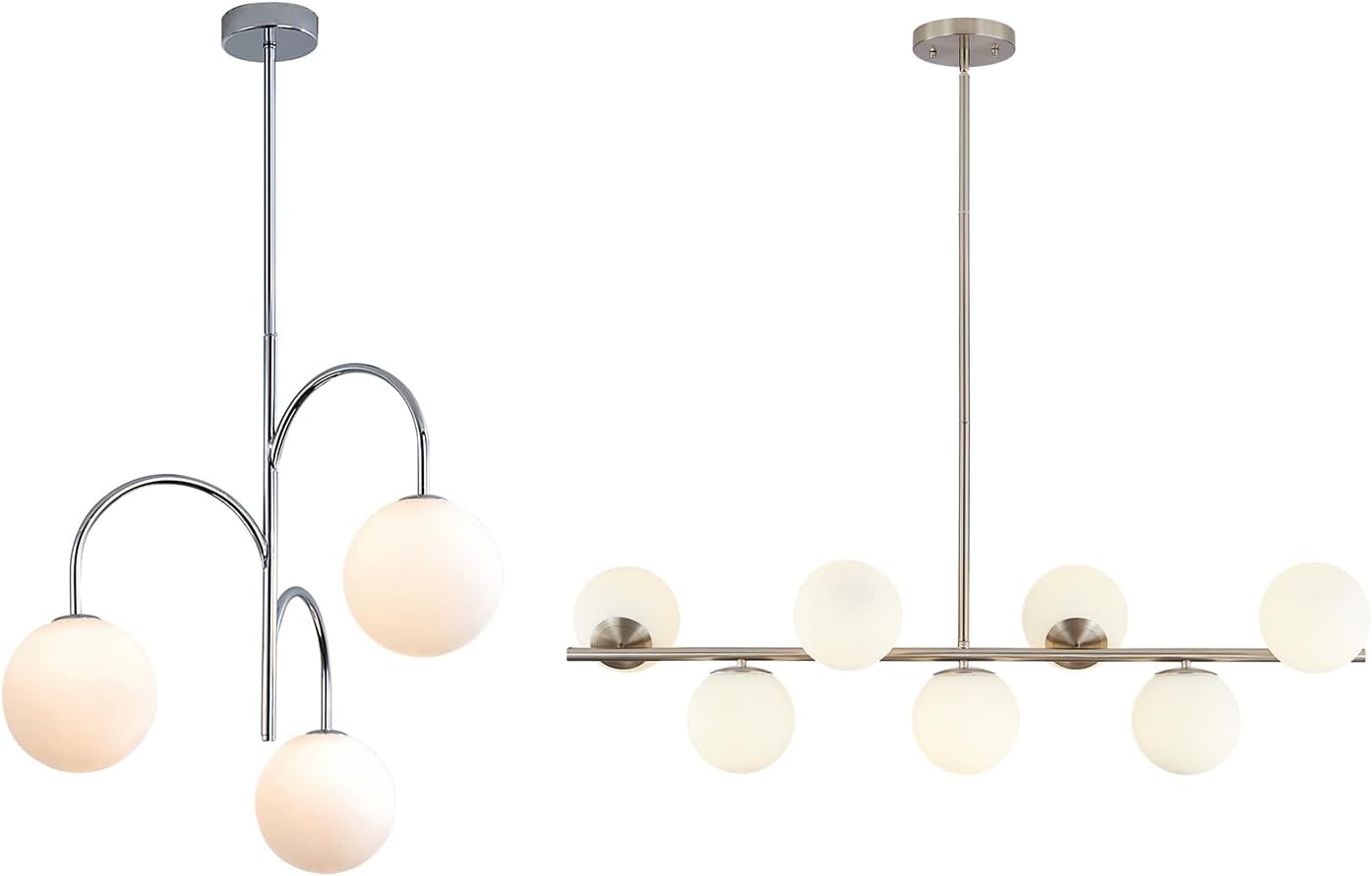 Modern 3/7 Light Nickel/Chrome Chandelier with Milk Glass Globe Pendant, Warm White LED, Semi Flush Mount, Indoor Use, Living Room, Dining Room, Bedroom, Bathroom