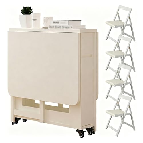Genérico Mesa Plegable con Sillas Dentro Multifuncional,Mesa De Alas Abatibles Extensible Móvil con Ruedas para Cocina, Rincón De Desayuno Y Salón De Casa(White)