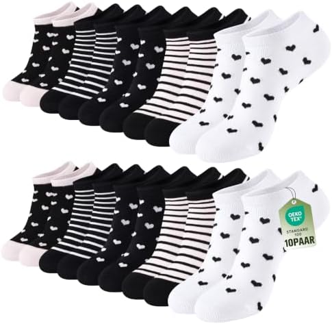 SukModen Sneaker Socken Damen aus Baumwolle mit Herz & Streifen,10/20 Paar | Kurze Laufsocken, Bunte Mehrfarbige Designs mit Streifen, Punkten & Herzen, Weich, Größe 35-38/39-42