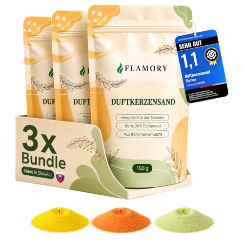Flamory Kerzensand mit Duft Fresh Set 3x150g Candle Sand [Orange/Citronella/Verbena] 9 Dochte inklusive 100% Pflanzenwachs rußarm ohne Paraffin bis 72 Std. Brenndauer Kerzensand mit Docht