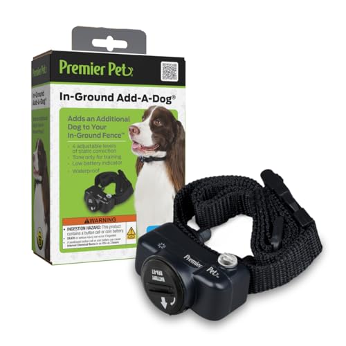 Premier Pet In-Ground Add-A-Dog Collar - Add-On In-Ground Electric Fence, Adjustable Waterproof Collar for Small, Medium, & Large Dogs, 4 Static Correction Levels, Replaceable Battery
