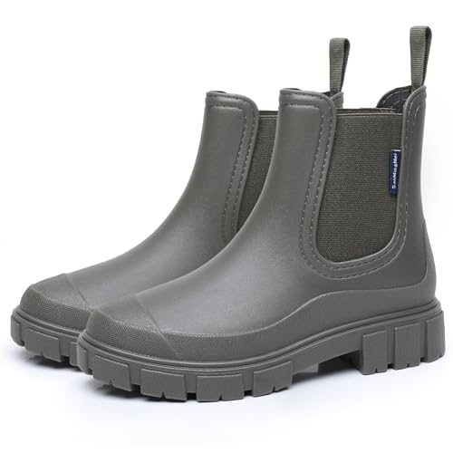 Image of FOGOIN Wellington Boots Women Ankle Wellies Ladies Short Chelsea Booties Waterproof Rain Boots Slip-on Green 6UK/40EU