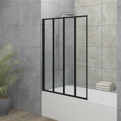 Blümme 850x1400mm 4 Panel Folding Bath Shower Screen Over Bath Shower Screen Door Clear Glass Black Framed