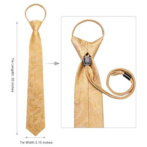 Image of Hi-Tie Gold Zipper Ties for Men Floral Adjustable Pre-Tied Necktie Lapel Pin Pocket Square Cufflinks Set
