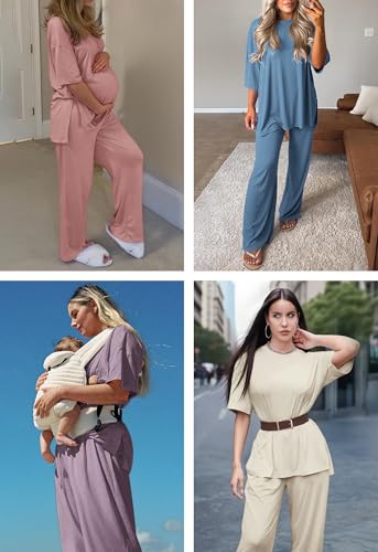 Womens Lounge Set 2 Piece Outfits Casual Loose Fit Short Sleeve Tops and Wide Leg Pants Tracksuits2