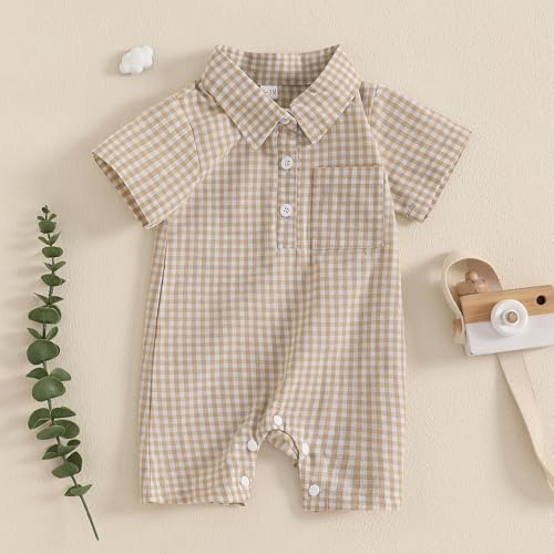 Karuedoo Newborn Baby Boy Clothes Gingham Short Sleeve Collared Romper Jumpsuit Plaid Button Down Bodysuit Summer Outfit3