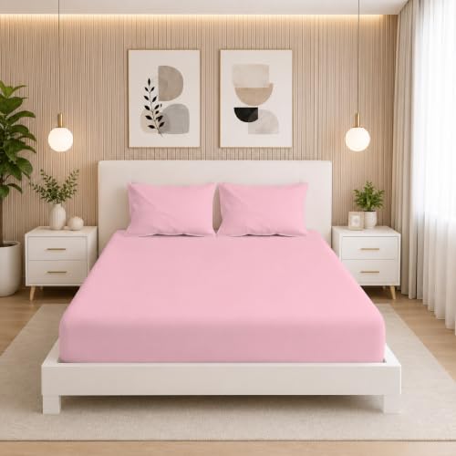 Image of Filymore Double Bed Bedsheet with 2 Pillow Covers, 300 TC Soft Microfiber Plain Bedsheet, Solid Plain Pink Bedcover for Double Bed, Breathable & Comfortable Bedding Set (90x90 Inches)