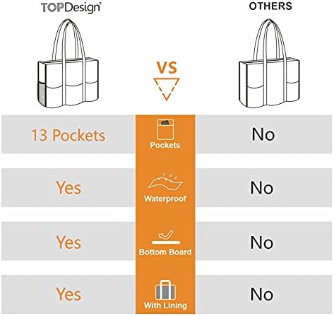 TOPDesign Utility Water Resistant Tote Bag with 13 Exterior & Interior Pockets, Top Zipper Closure & Thick Bottom Support, for Working Women, Teachers, Nurses, Accountants (Black) - 5