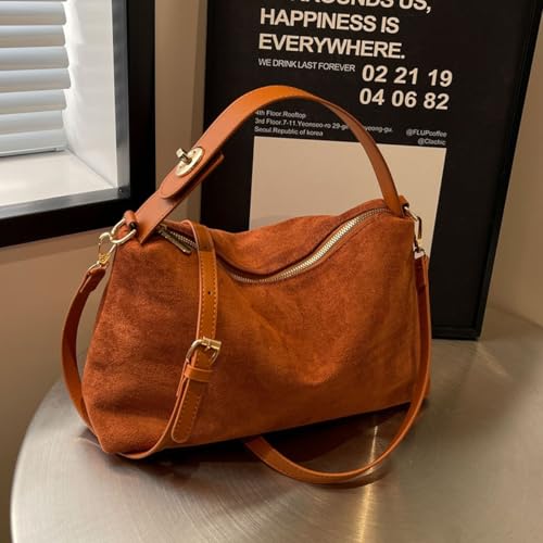 Suede Shoulder Bag, Trendy Brown Faux Suede Tote: Matte Underarm Bag for Fall-Winter, Versatile Commuter Crossbody2