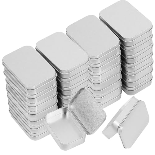 KINJOEK 42 PCS Metal Rectangular Empty Hinged Tins, 3.7 x 2.4 x 0.8 Inch Portable Sealed Containers Storage Boxes with Lids for Small items, Silver