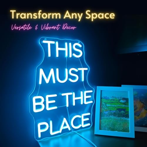 Image of 15.8 inch This Must Be The Place LED Neon Sign - Blue, Dimmable Light for Home, Bedroom, Cafe, Bar Wall Decor - Energy-Efficient Neon Light with Installation Kit - Perfect for Weddings and Birthdays