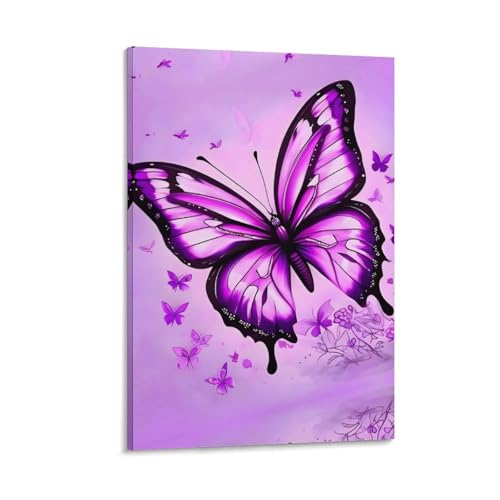 Cadre avec toile murale papillon violet suspension facile pour chambre et salle de bain