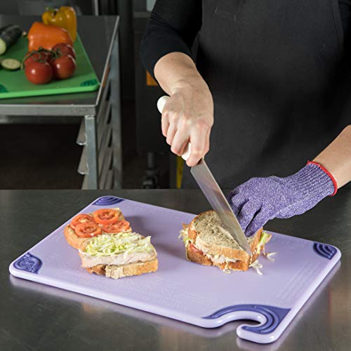 Image of San Jamar Saf-T-Grip Plastic Cutting Board with Safety Hook, 12 inch x 18 inch x 0.5 inch, Purple