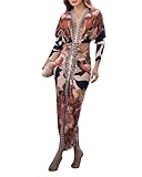 CHICME Women's Bodycon Long Sleeve Dress Casual Plunge V Neck Ruched Midi Dress Fall Bodycon Slit Office Work Dresses Brown-M