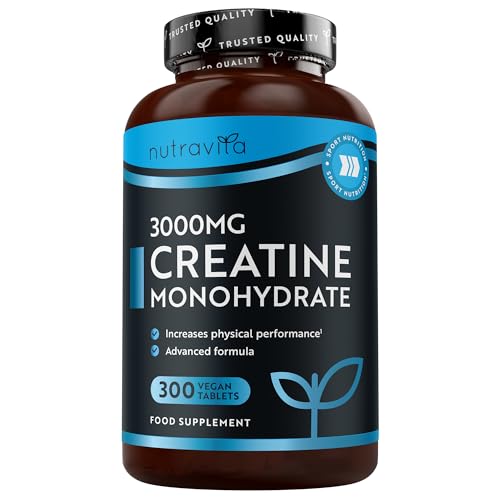 Nutravita Creatine Monohydrate Tablets 3000mg - 300 Vegan Unflavoured Creatine Tablets - Pre Workout Gym Supplements for Men & Women - Creatin Powder Capsules & Pills Alternative - Made in UK