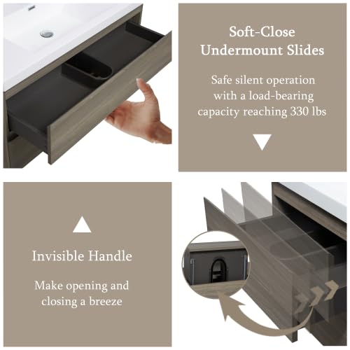 Image of KEIKI 42'' Wall-Mounted Bathroom Vanity with Sink - Floating Design, 2 Soft-Close Drawers & Resin Basin, Space-Saving for Small Bathrooms, Ash Grey